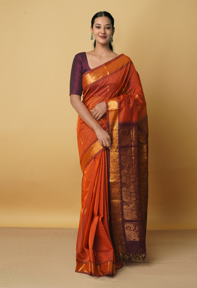 Chestnut Pure Handloom Gadwal Cotton Saree-UNM66279