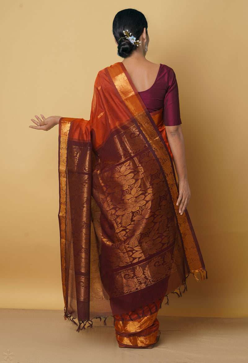 Chestnut Pure Handloom Gadwal Cotton Saree-UNM66279