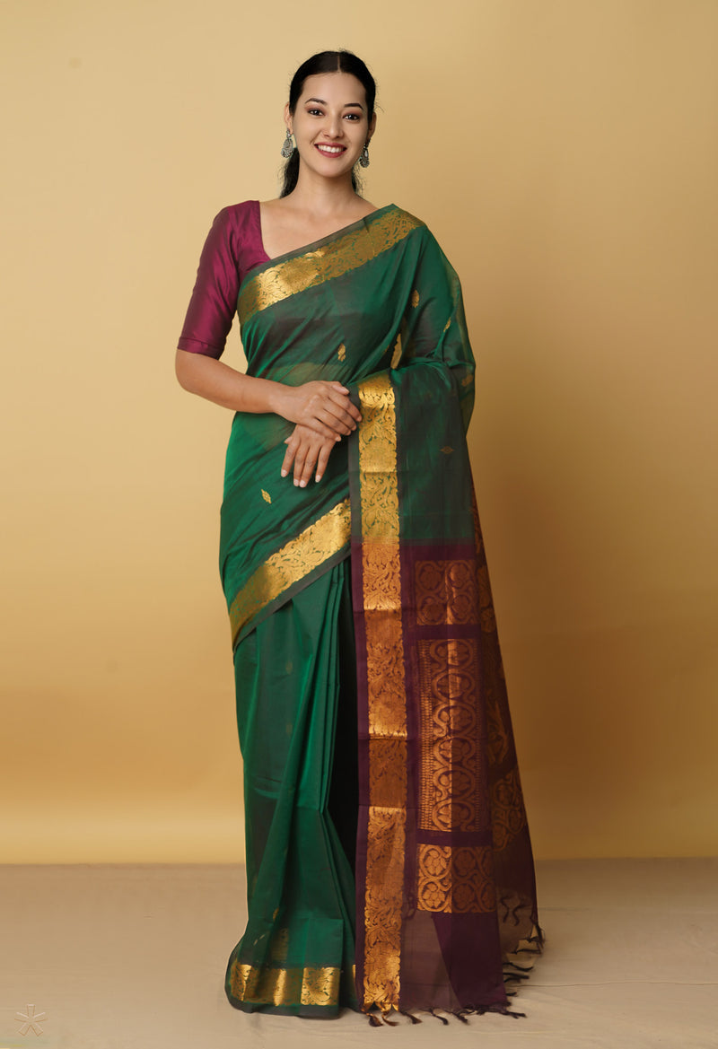 Green Pure Handloom Gadwal Cotton Saree-UNM66282