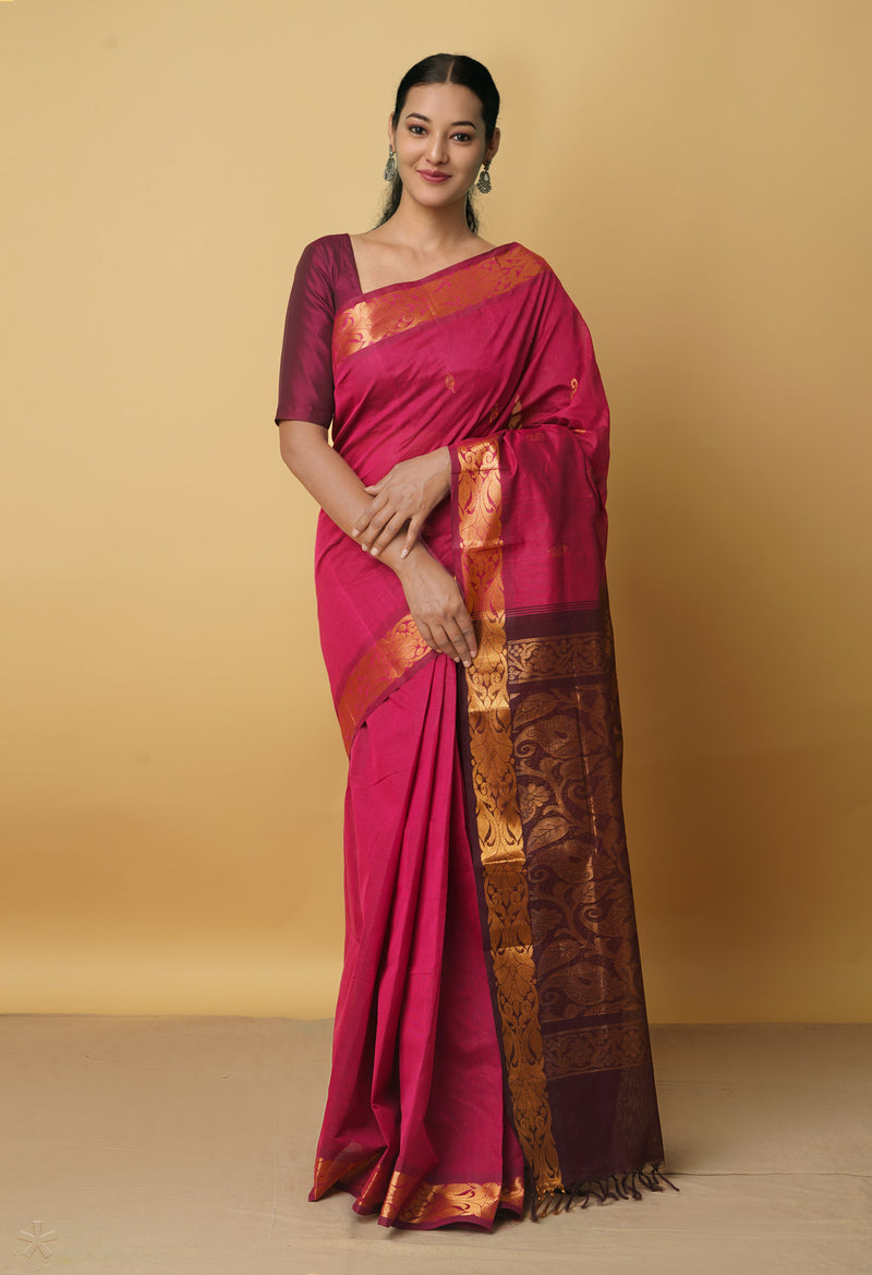 Pink Pure Handloom Gadwal Cotton Saree-UNM66285