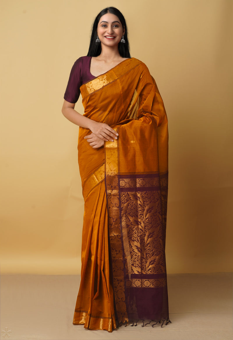Rust Orange Pure Handloom Gadwal Cotton Saree-UNM66286