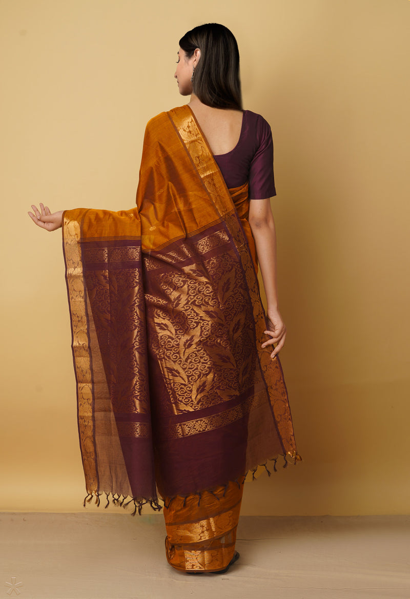 Rust Orange Pure Handloom Gadwal Cotton Saree-UNM66286