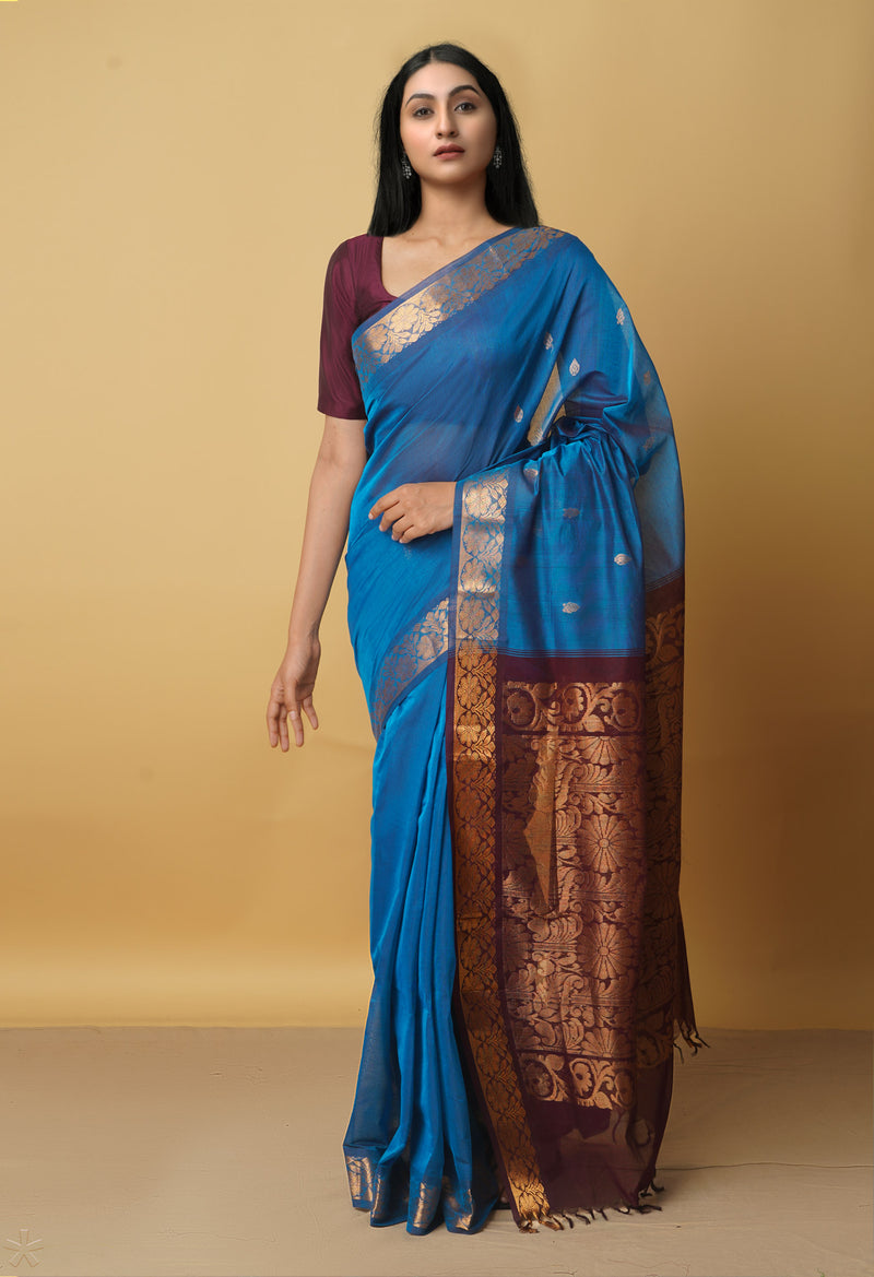 Blue Pure Handloom Gadwal Cotton Saree-UNM66288