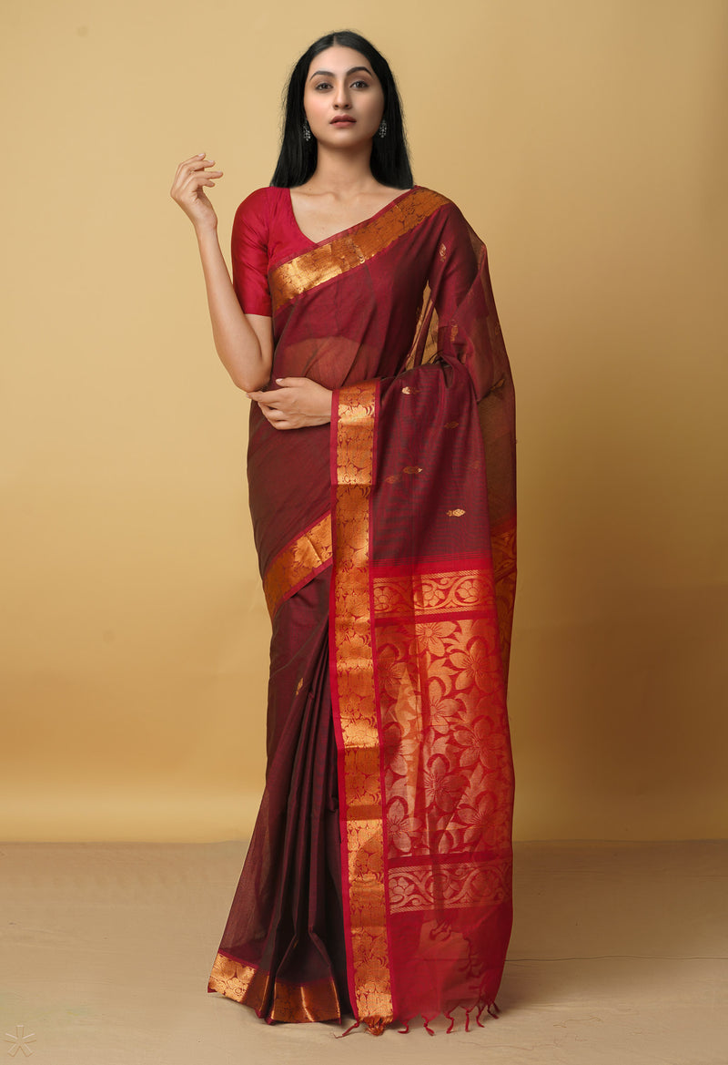 Maroon Pure Handloom Gadwal Cotton Saree-UNM66290