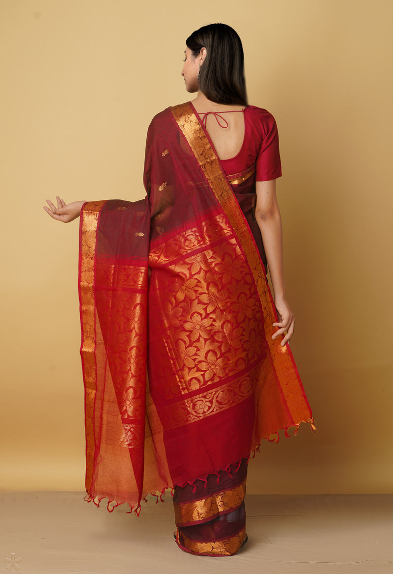 Maroon Pure Handloom Gadwal Cotton Saree-UNM66290