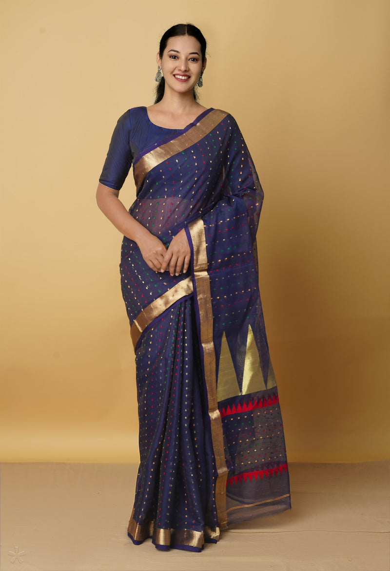 Navy Blue Pure Handloom Maheshwari Sico Saree-UNM66298