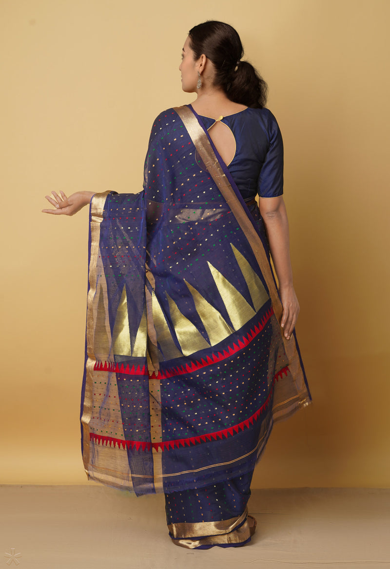 Navy Blue Pure Handloom Maheshwari Sico Saree-UNM66298