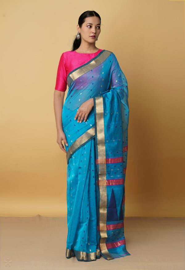 Blue Pure Handloom Maheshwari Sico Saree-UNM66305