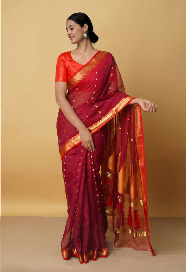 Red Pure Handloom Maheshwari Sico Saree-UNM66308