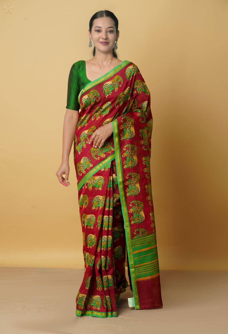 Maroon Pure Kalamkari Chanderi Sico Saree-UNM66372