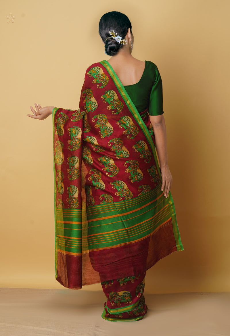 Maroon Pure Kalamkari Chanderi Sico Saree-UNM66372