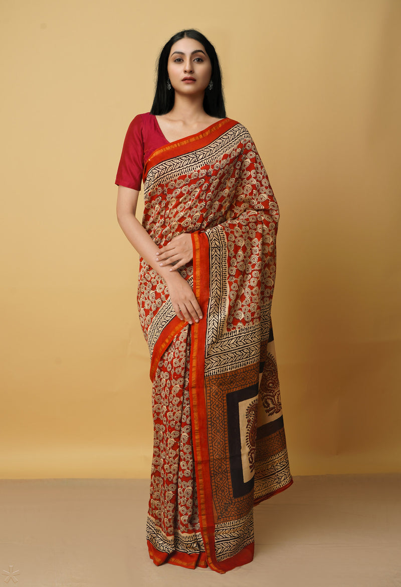 Maroon Pure Preet Bagru Chanderi Sico Saree-UNM66374