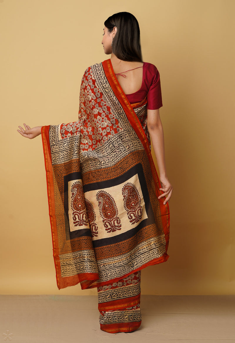 Maroon Pure Preet Bagru Chanderi Sico Saree-UNM66374