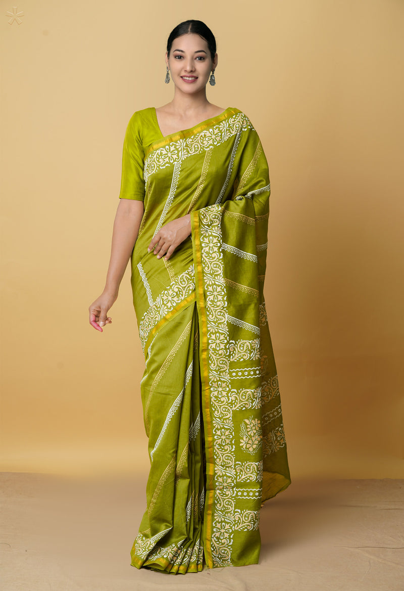 Green Pure Block Printed Chanderi Sico Saree-UNM66375