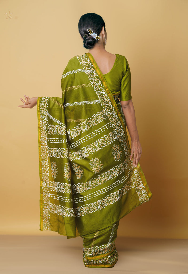 Green Pure Block Printed Chanderi Sico Saree-UNM66375