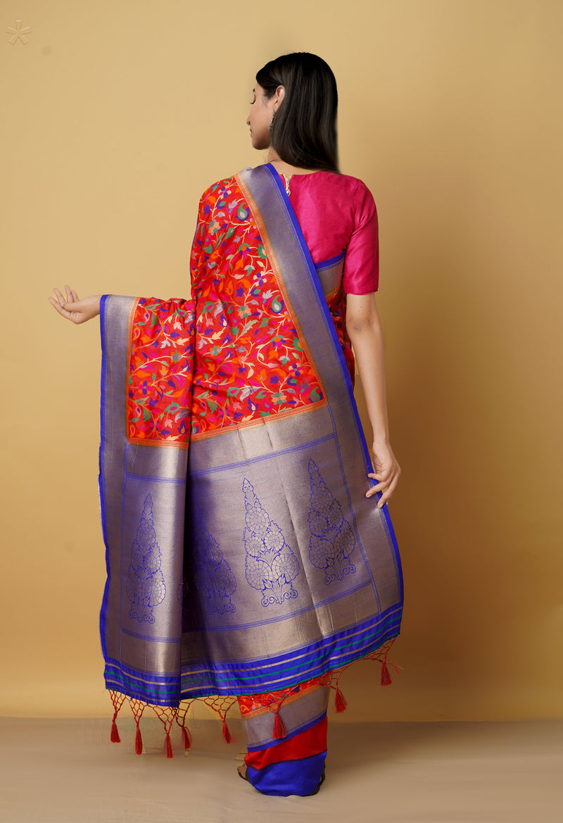 Maroon  Block Printed Paithani  Sico Saree-UNM66390