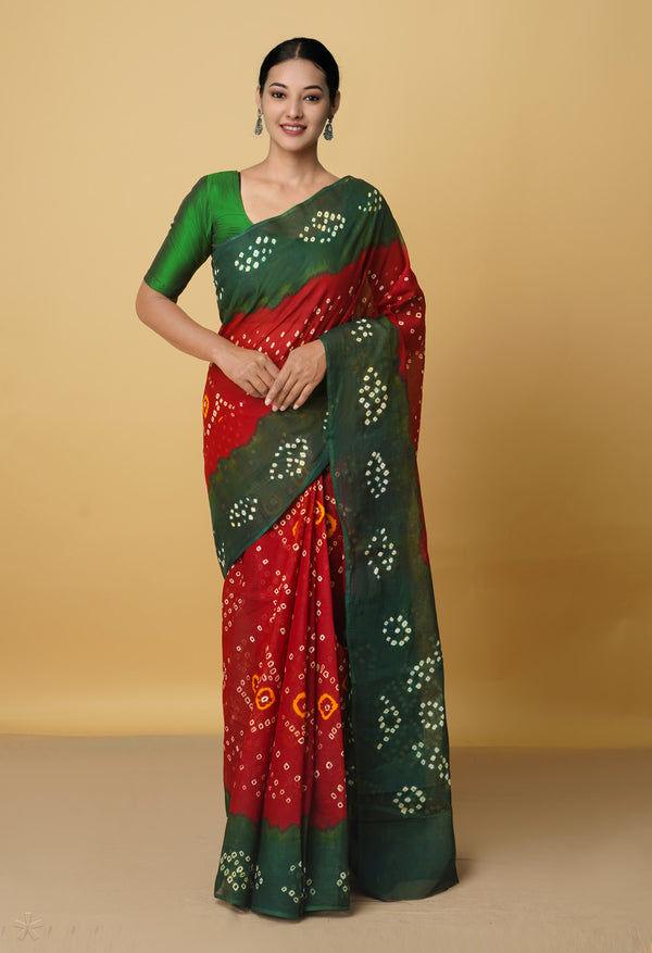 Maroon Pure Bandhani Cotton Saree-UNM66411