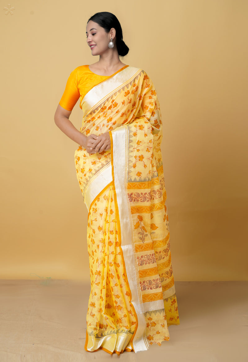 Yellow Pure Kota Block Printed Cotton Saree-UNM66460