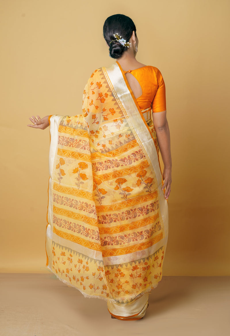 Yellow Pure Kota Block Printed Cotton Saree-UNM66460