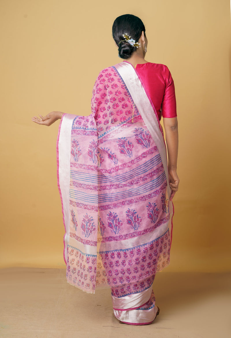 Pink Pure Kota Block Printed Cotton Saree-UNM66463