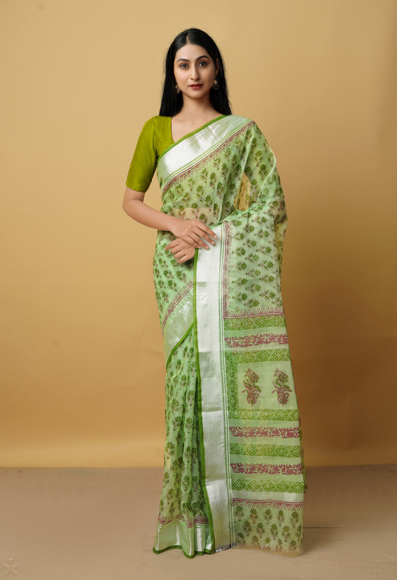 Green Pure Kota Block Printed Cotton Saree-UNM66468