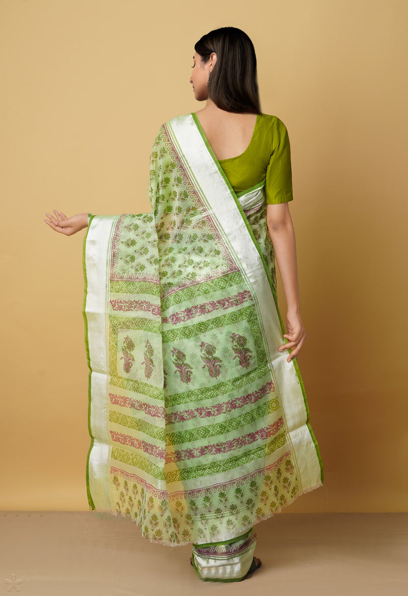 Green Pure Kota Block Printed Cotton Saree-UNM66468
