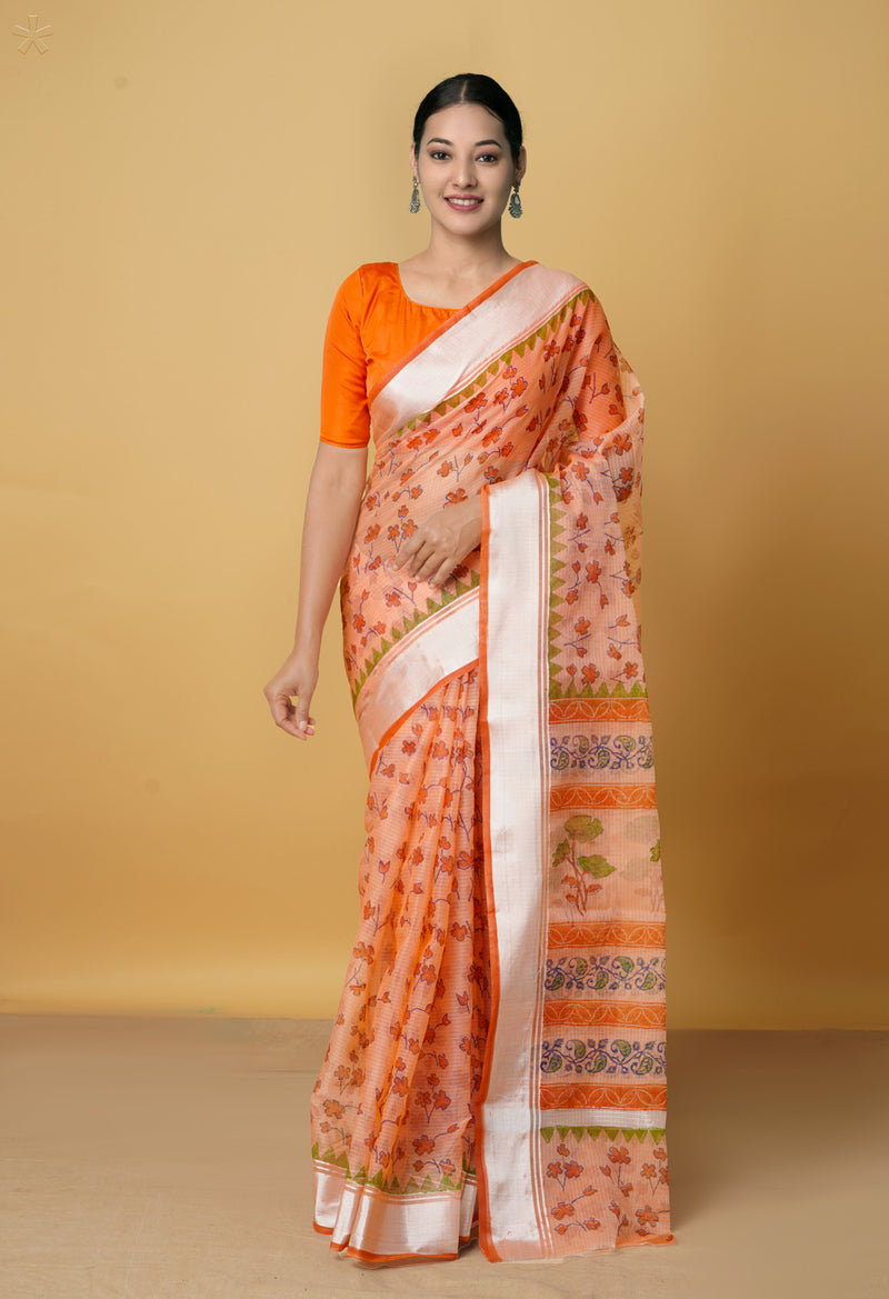 Orange Pure Kota Block Printed Cotton Saree-UNM66469