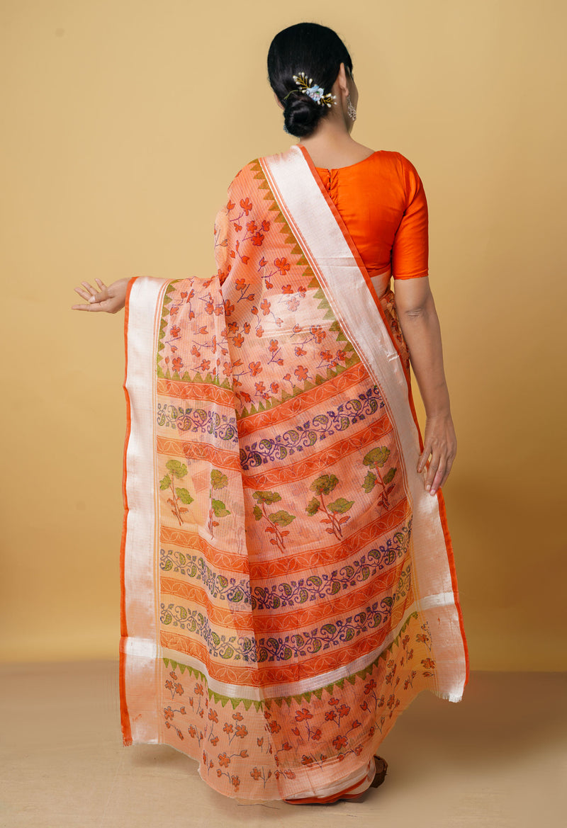 Orange Pure Kota Block Printed Cotton Saree-UNM66469