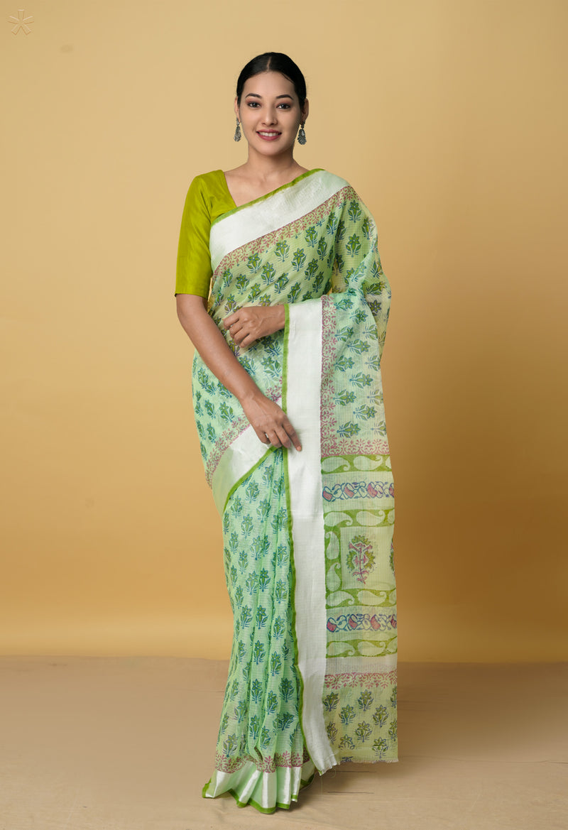 Green Pure Kota Block Printed Cotton Saree-UNM66475