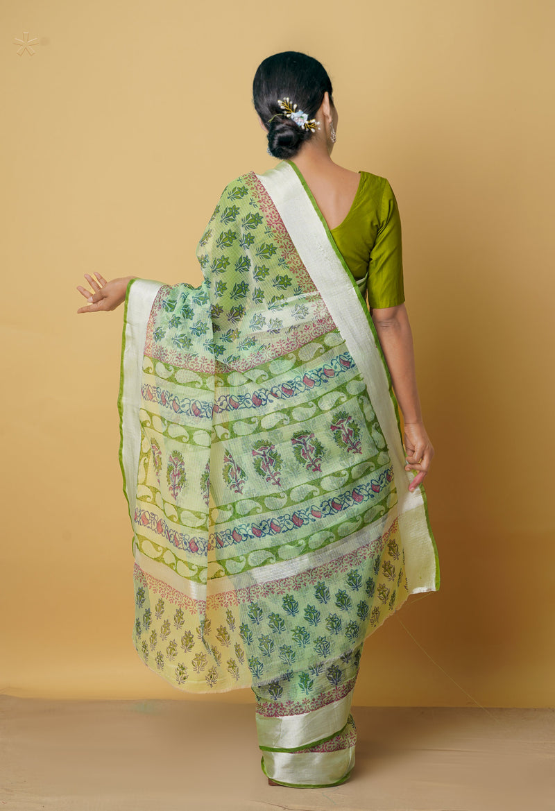 Green Pure Kota Block Printed Cotton Saree-UNM66475