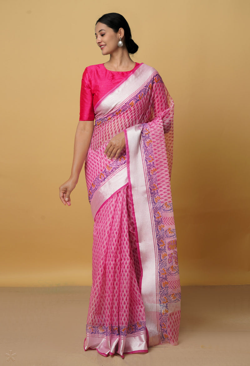 Pink Pure Kota Block Printed Cotton Saree-UNM66479