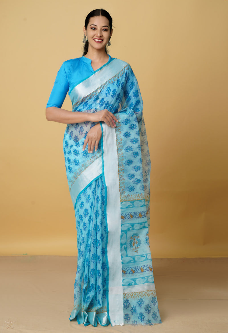 Blue Pure Kota Block Printed Cotton Saree-UNM66481