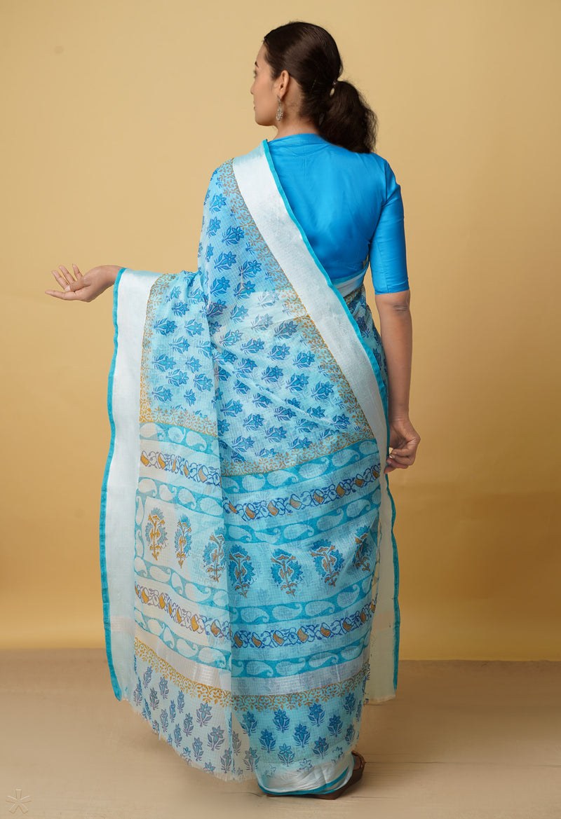 Blue Pure Kota Block Printed Cotton Saree-UNM66481