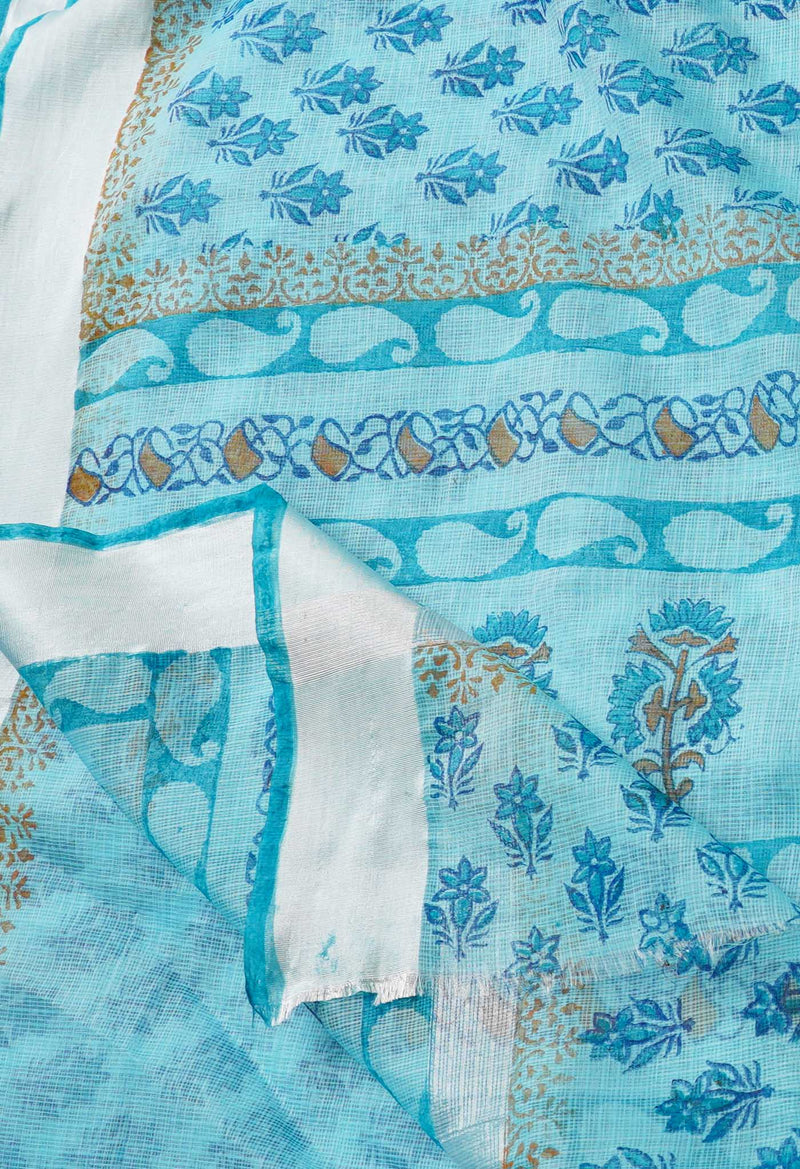 Blue Pure Kota Block Printed Cotton Saree-UNM66481