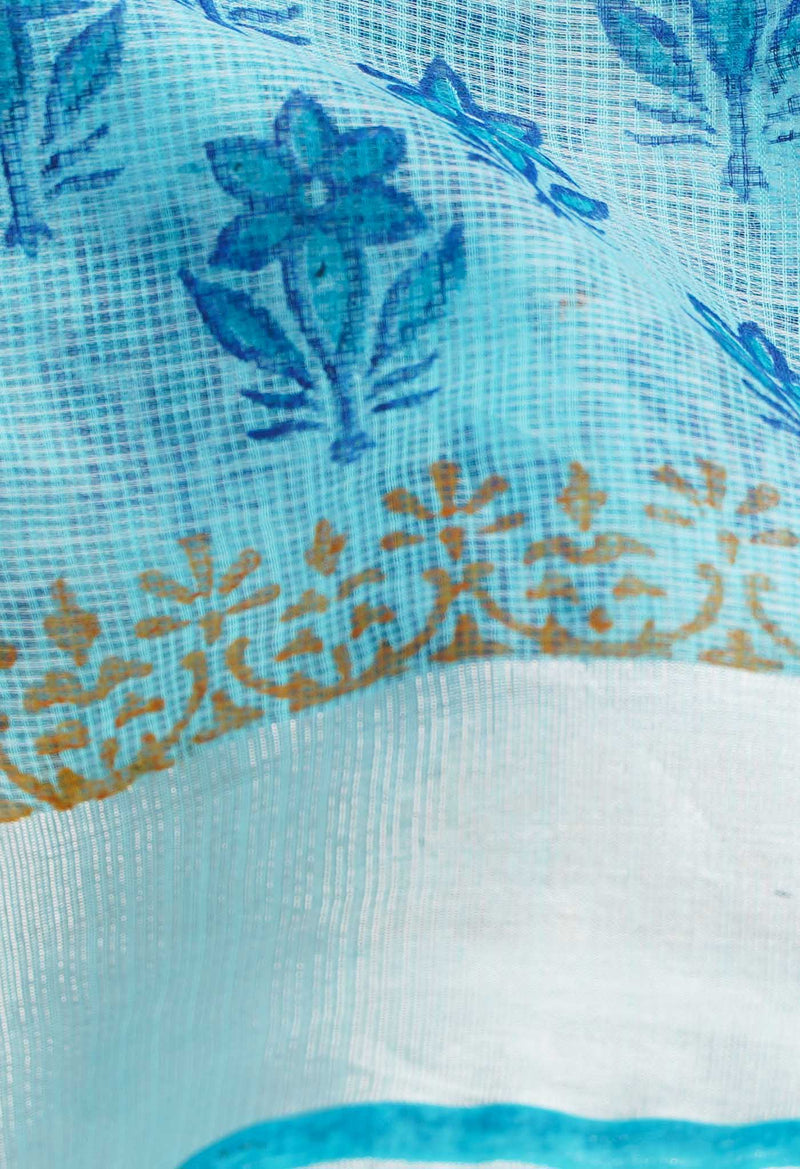 Blue Pure Kota Block Printed Cotton Saree-UNM66481