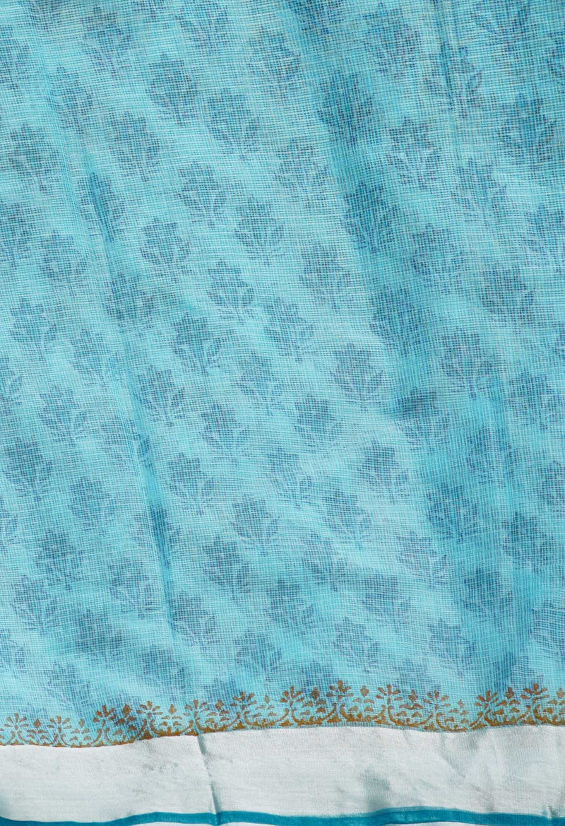 Blue Pure Kota Block Printed Cotton Saree-UNM66481