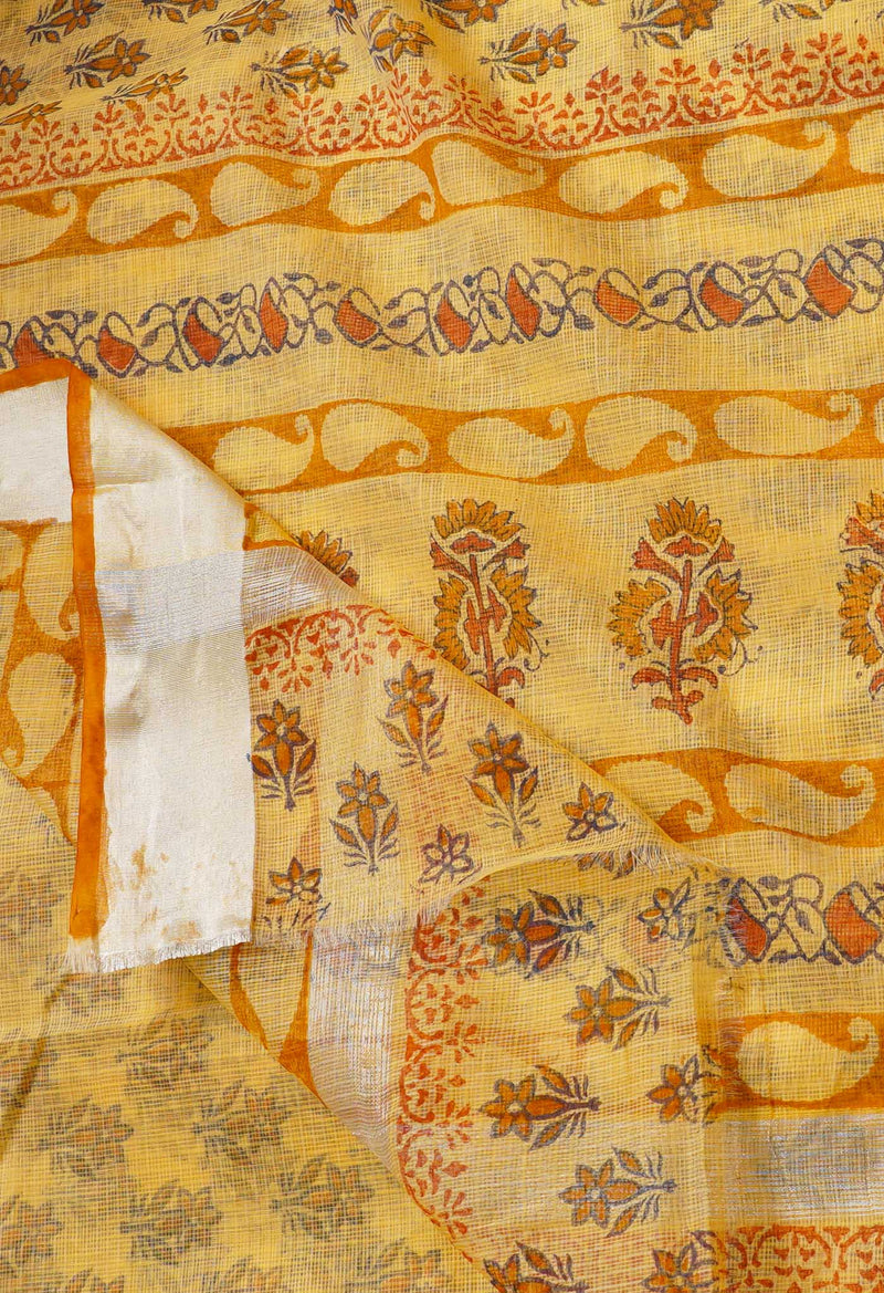 Yellow Pure Kota Block Printed Cotton Saree-UNM66482