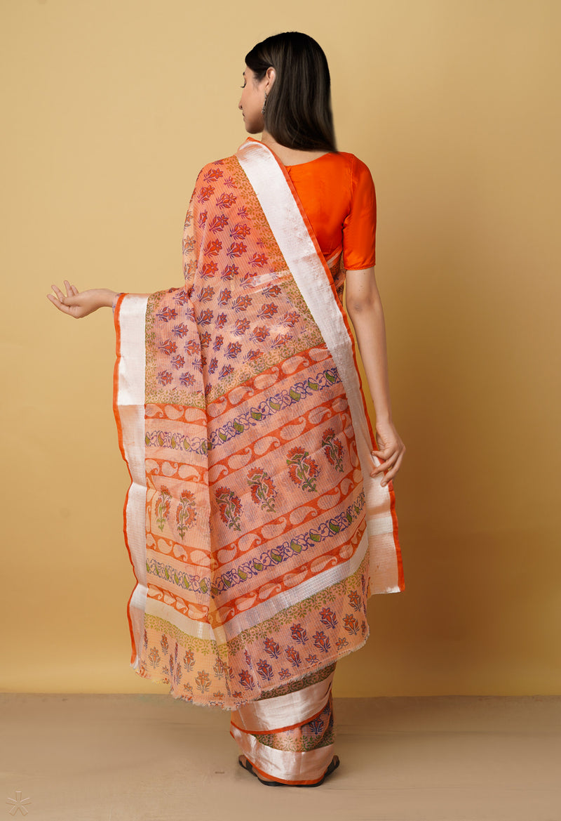 Orange Pure Kota Block Printed Cotton Saree-UNM66484
