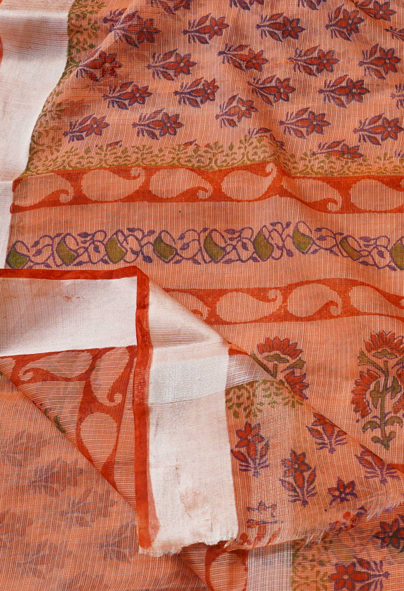 Orange Pure Kota Block Printed Cotton Saree-UNM66484
