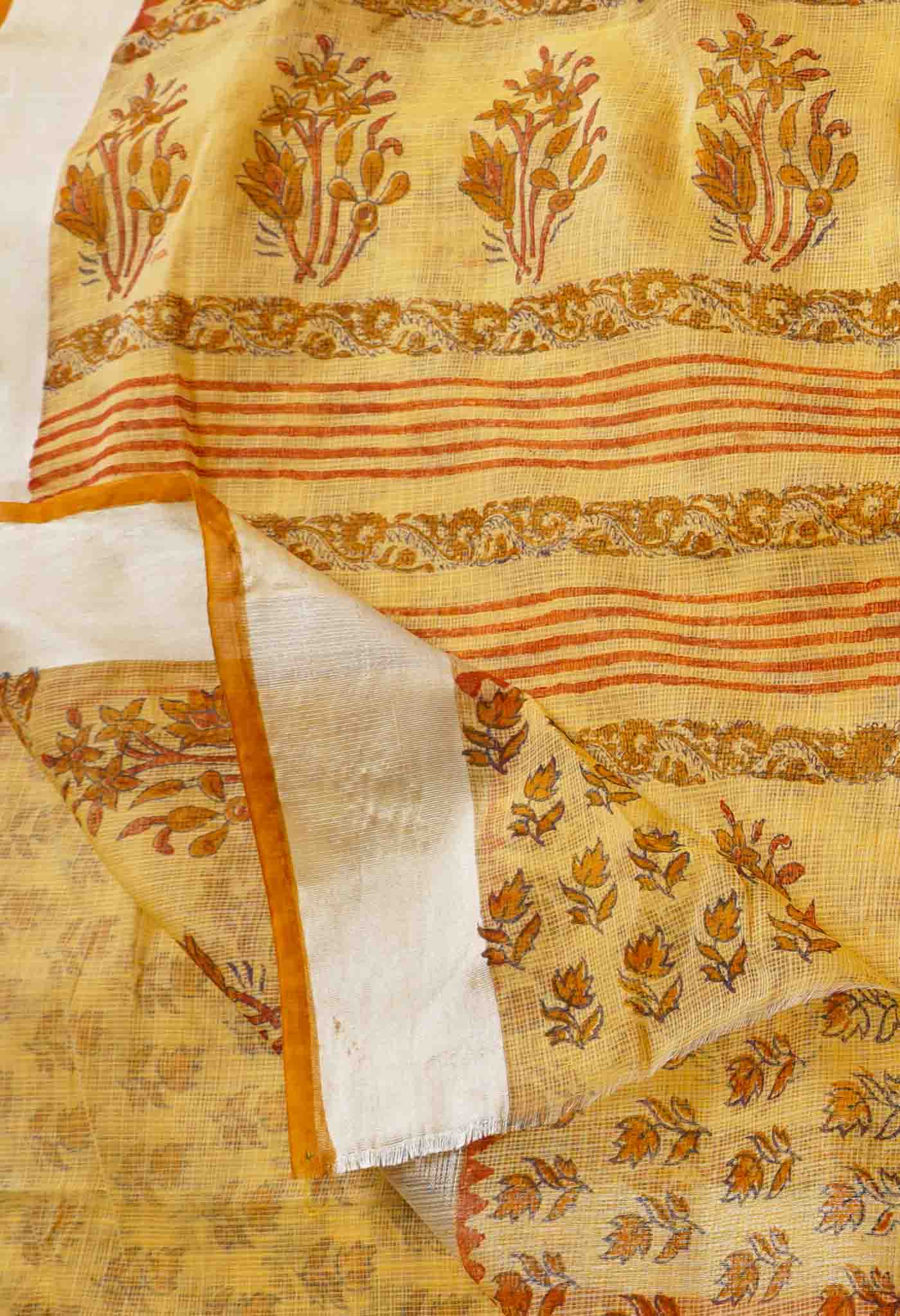 Yellow Pure Kota Block Printed Cotton Saree-UNM66486