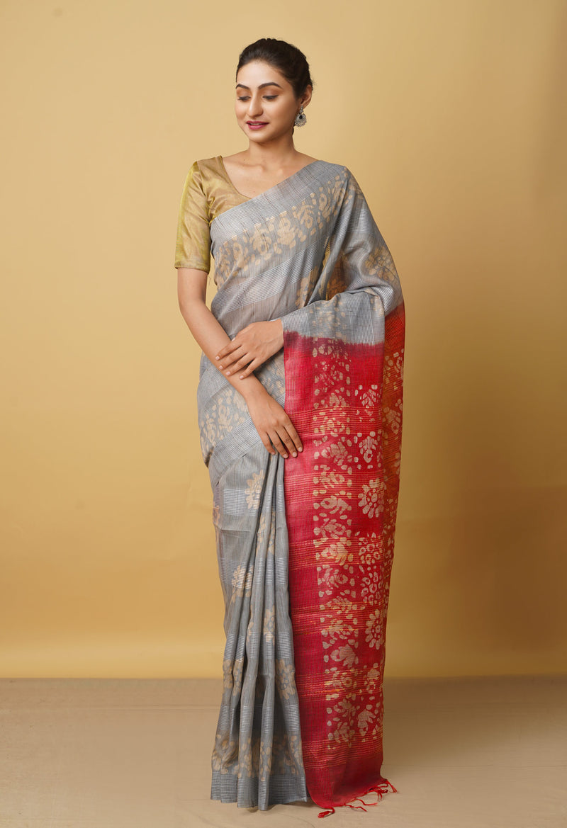 Grey-Maroon Pure Batik Bhagalpuri Sico Saree-UNM66490