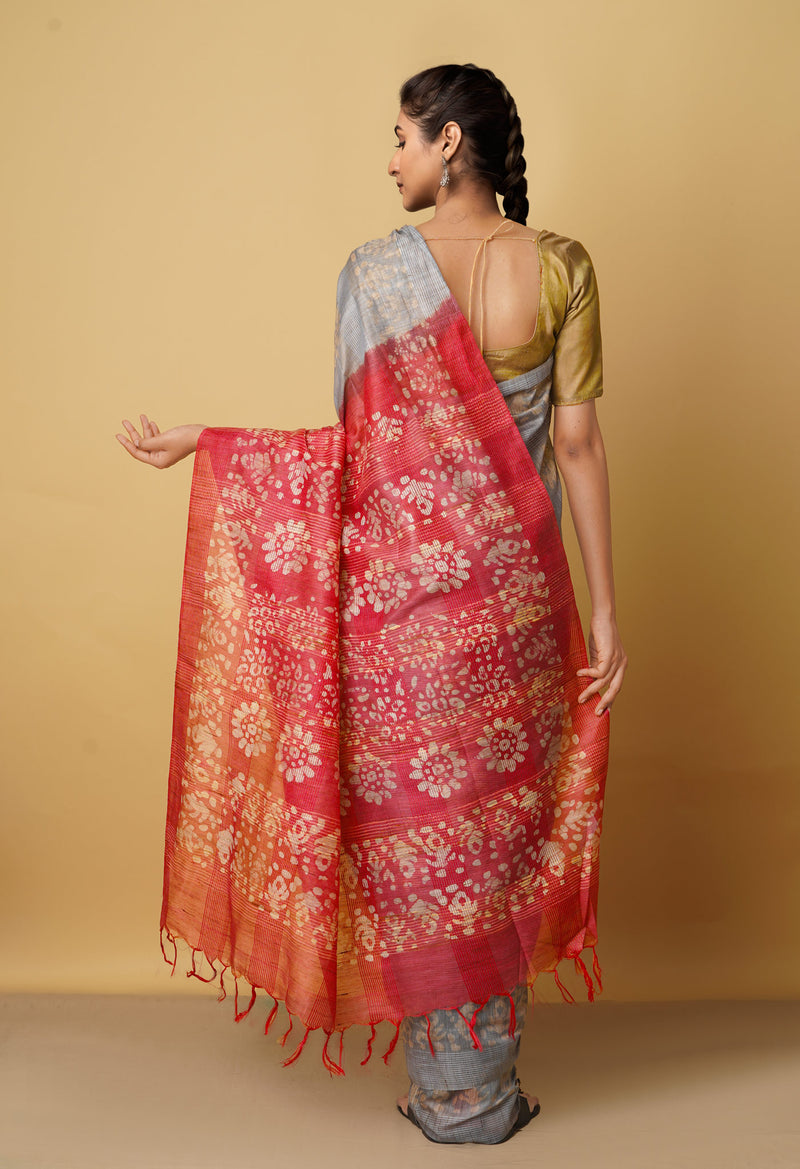 Grey-Maroon Pure Batik Bhagalpuri Sico Saree-UNM66490