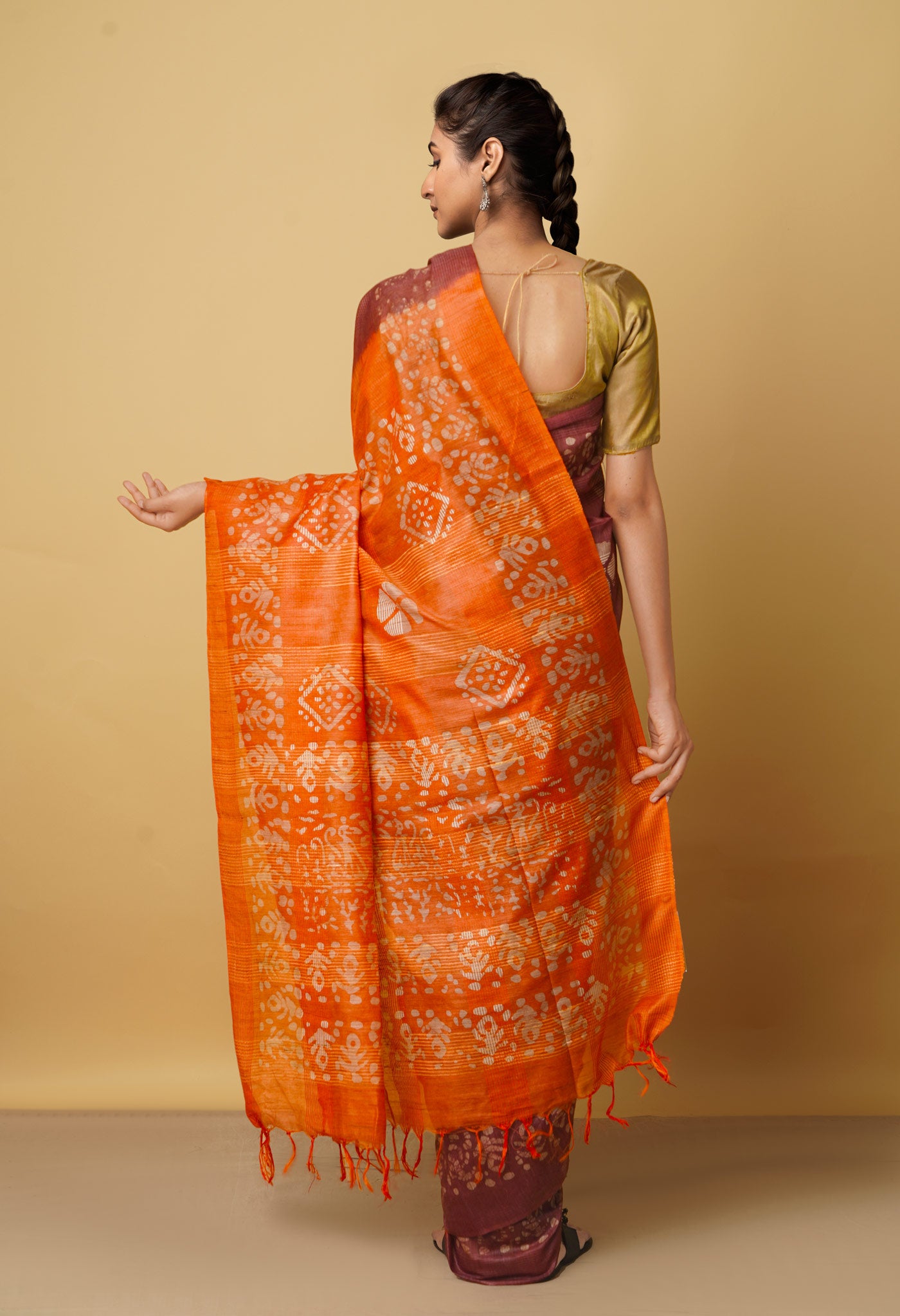 Brown-Orange Pure Batik Bhagalpuri Sico Saree-UNM66491