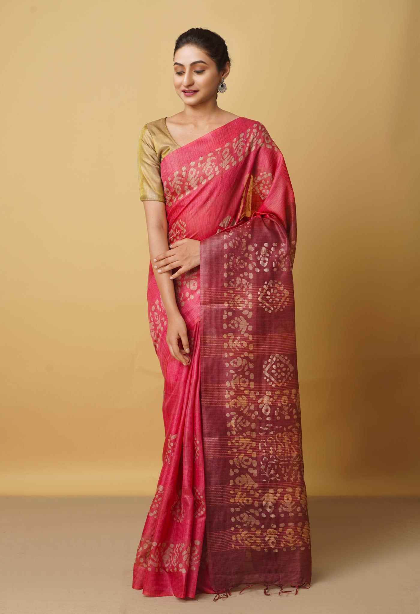 Pink-Brown Pure Batik Bhagalpuri Sico Saree-UNM66492