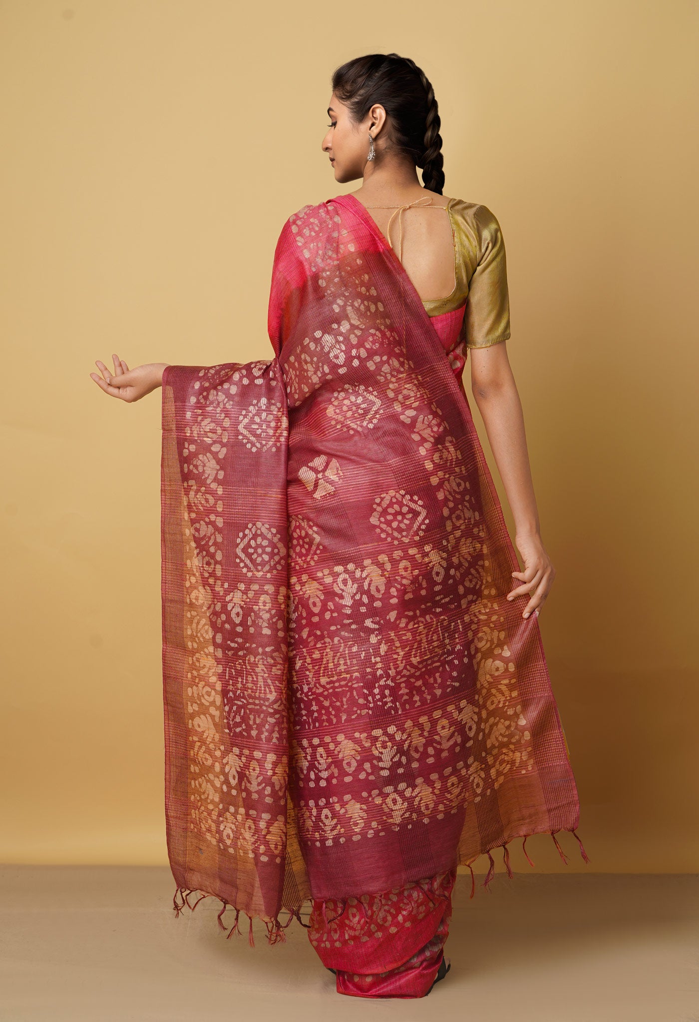 Pink-Brown Pure Batik Bhagalpuri Sico Saree-UNM66492