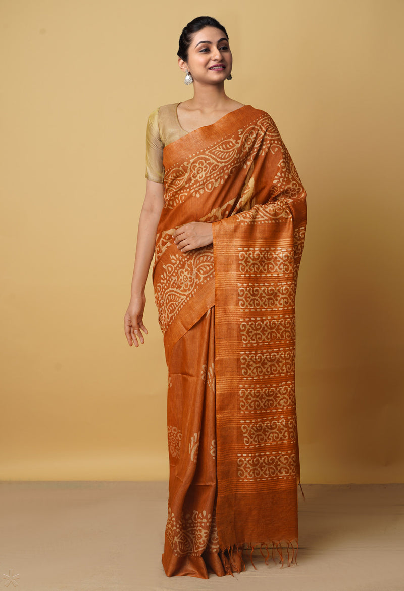 Orange Pure Batik Bhagalpuri Sico Saree-UNM66496