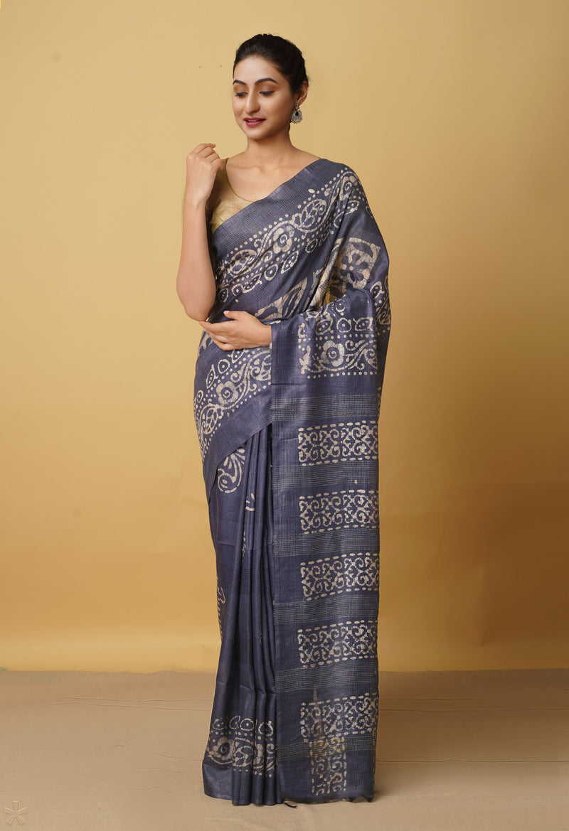 Grey Pure Batik Bhagalpuri Sico Saree-UNM66499