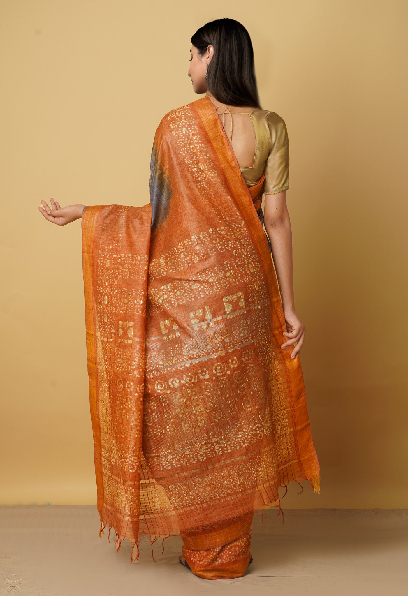 Grey-Orange Pure Batik Bhagalpuri Sico Saree-UNM66502