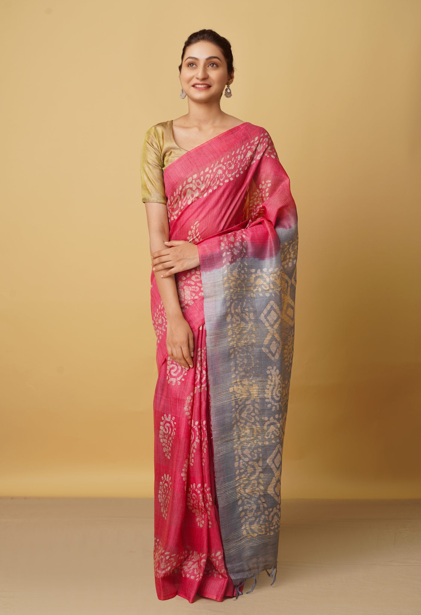 Pink-Grey Pure Batik Bhagalpuri Sico Saree-UNM66507