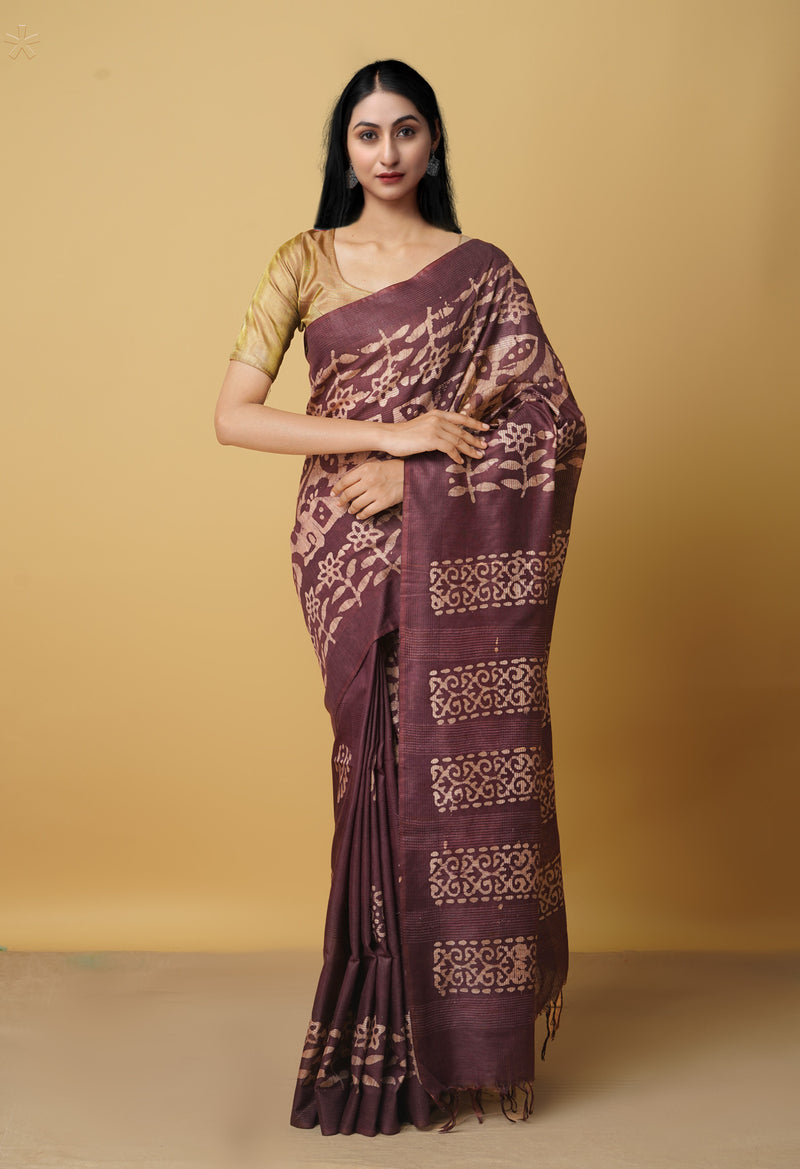 Brown Pure Batik Bhagalpuri Sico Saree-UNM66523